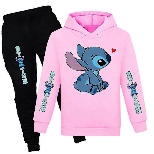 Lilo & Stitch Print Børnetøjssæt til Drenge og Piger - Casual Hoodie Sweatshirt og Joggingbukser - Aktivtøj - Perfekt Pink 11-12 Years