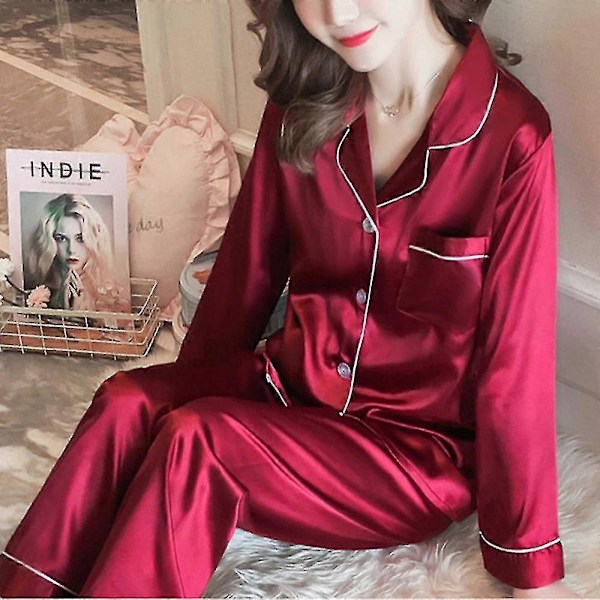 Dam Satin Silk Look Sovkläder Pyjamas Långärmad Nattklädesset-Perfet Red XL