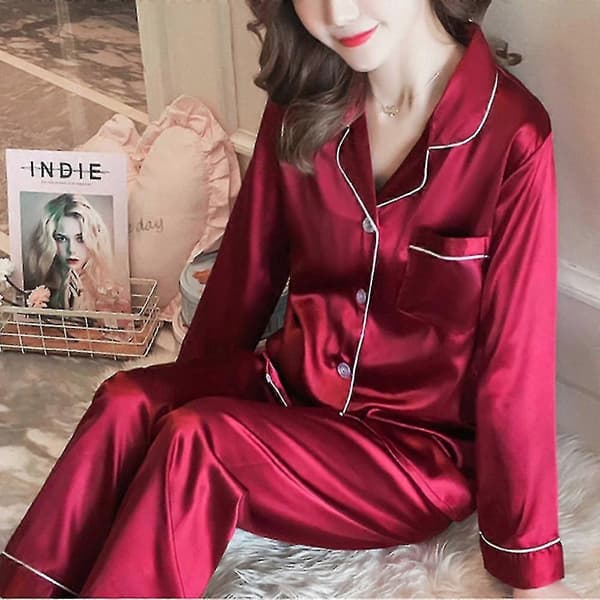 Dame Satin Silke Look Pyjamas Langærmet Nattøj Sæt - Perfekt Red XL
