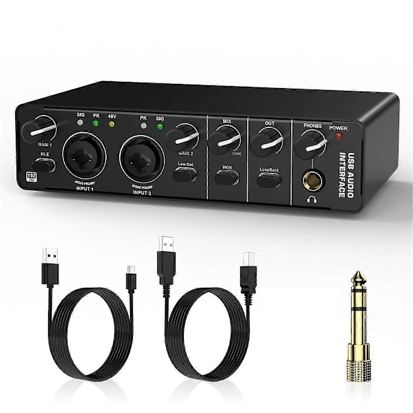 USB Ljudinterface, 2 in 2 ut Ljudinterface med 48V Fantommatning för Inspelning, för Gitarrist, -Perfet