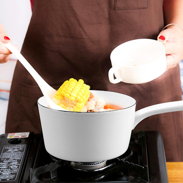 1,3L Japansk Stil Vit Keramik Mjölkkanna Kökskokkärl Gryta Stewpan Kastrull med Lång Handtag - Perfekt