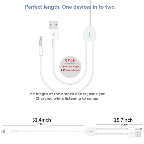 Aux-kabel for iPhone, Lightning til 3,5 mm Aux-kabel 2 i 1 - Perfet