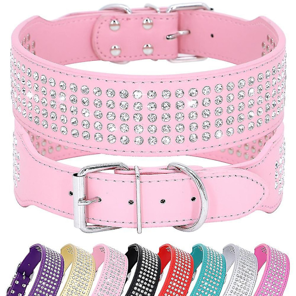 5 Rækker Rhinestone PU Læder Hundekrave Diamant Bling til Store Hunde 2,0\" bred - Perfekt Pink S Neck 33-41cm