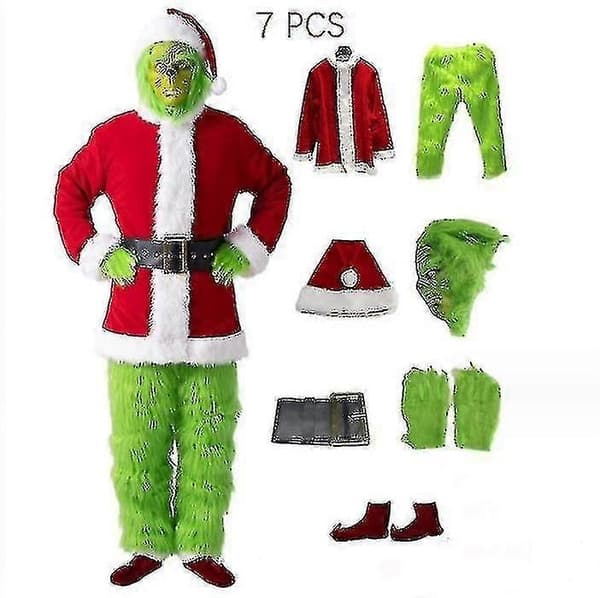 7-delars Grinch-dräktset för julrollspel, vuxen tomtekostymset + mask-Perfekt Mask only L