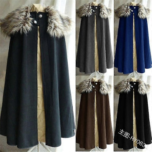 Mænds Middelalder Kostume Kappe Vinter Pels Krave Larp Viking Cosplay Kappe Frakke Høj Kvalitet Gotisk Kvinder Kappe Halloween Kostume-Perfet Blue XL