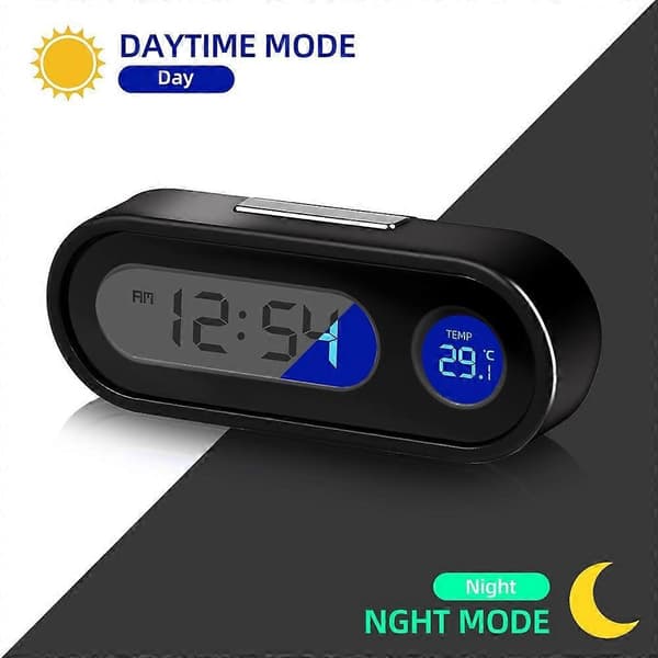 Kompakt Digital Bilklocka - Ljusstark med LCD-Bakgrundsbelysning - Termometer, Tidsvisning, Biltillbehör - Perfekt