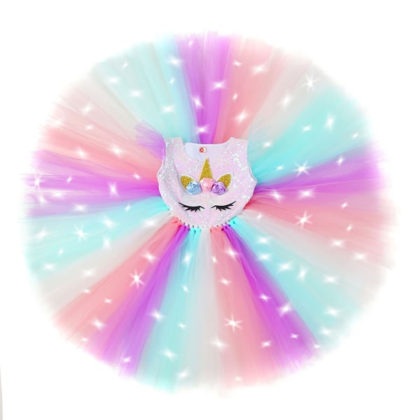 Unicorn Klänning för flickor, Unicorn Kostymer LED-belyst TuTu-klänning med pannband Regnbåge- Perfet Rainbow 140