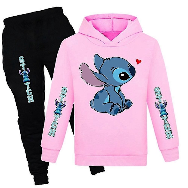 Lilo & Stitch Tryck Barnens Träningsoverall Set Pojkar Flickor Casual Huvtröja Sweatshirt Joggingbyxor Outfit Aktivkläder-Perfekt Pink 9-10 Years