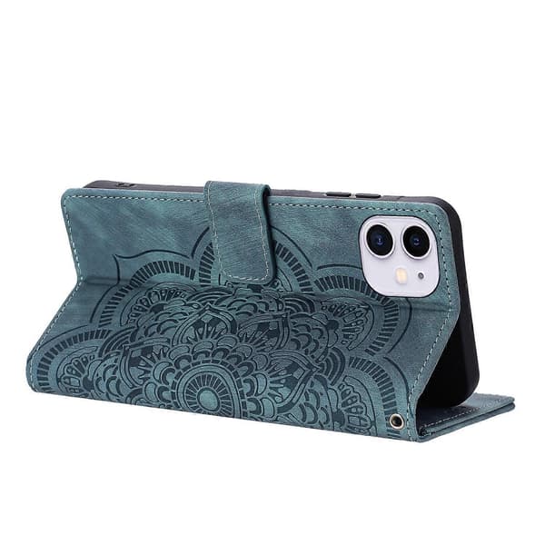 för iPhone 11 Läderfodral WANLONFENG HDM-serien Mandala Prägling Plånboksställ Telefonskal - Perfekt Blue