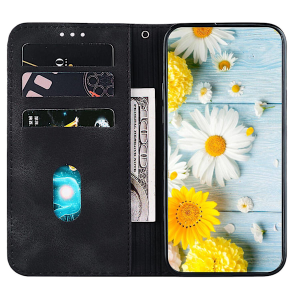 Kotelo yhteensopiva Xiaomi Redmi Note 11s:n kanssa, kohokuvioitu Lily-läppälompakko, ensiluokkainen PU-nahkakansi korttipidikkeellä - Perfet Black