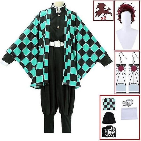 Demon Slayer Kimetsu No Yaiba Tanjirou Kamado Cosplay Kostym Kimono Jul Anime Uniform Set för vuxna barn - Perfet 8 piece set M