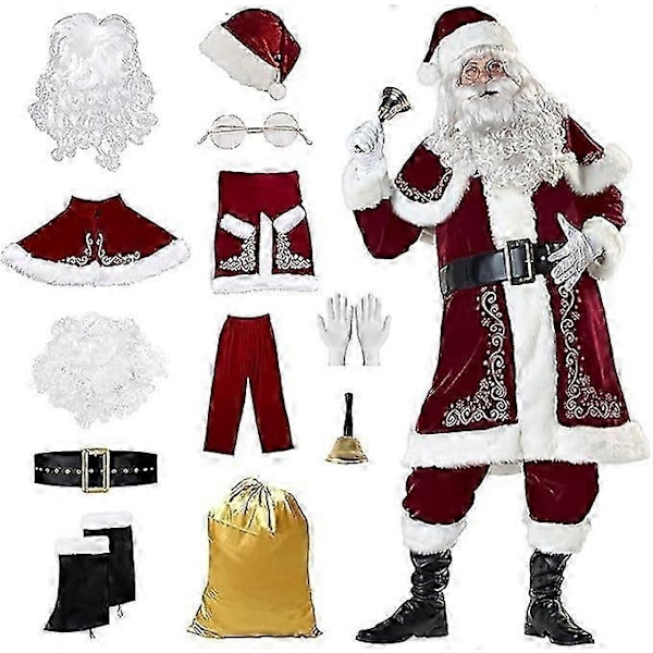 Julemandskostume Sæt 12 Dele Voksen Deluxe Fløjl Julemandskostume Sæt, Julemandsdragt i Deluxe-udgave til mænd, til mænd i juleferien - Perfekt 3XL