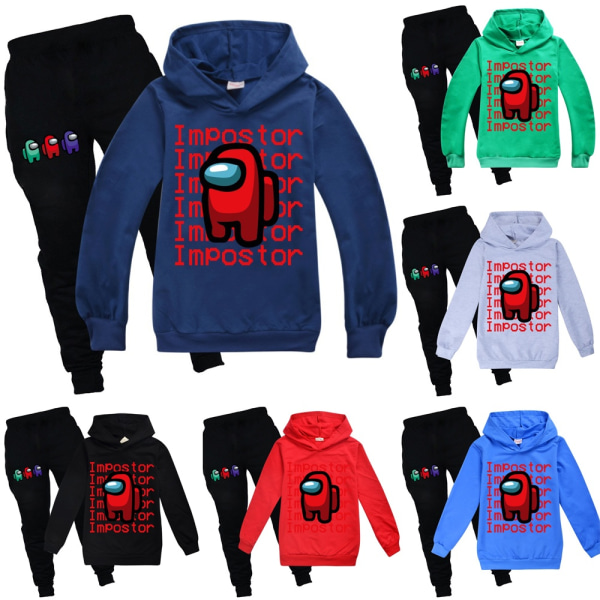 Among Us Game Impostor Set Hoodie Barn Pojkar Outfit Toppar Byxor Green 150