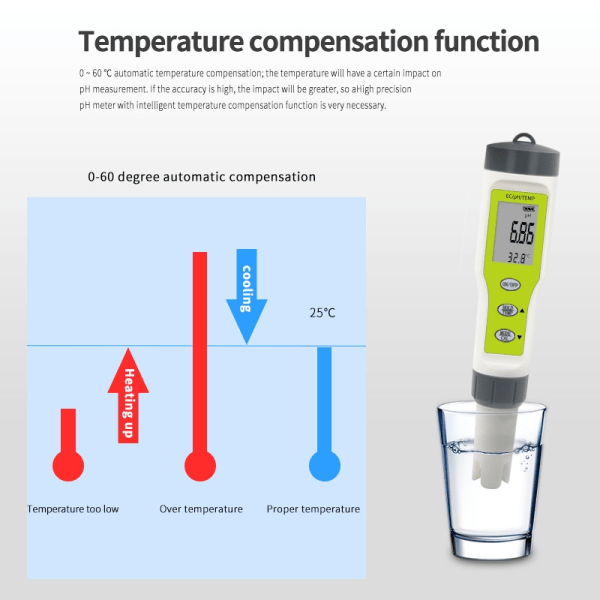 Digital Ph Meter Stor vanntett penn Vannkvalitetstester 4 i 1