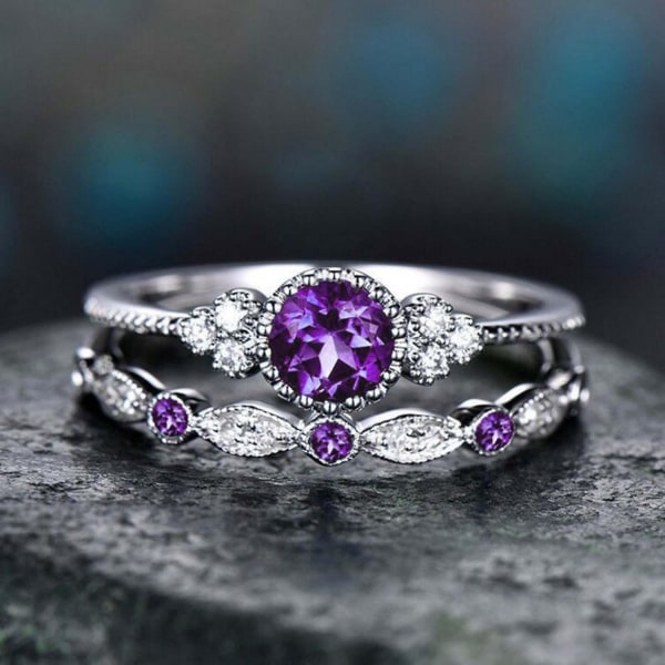 2 stk/sæt Udsøgte glatte overflader vielsesringe legering Simple Cubic Zirconia Ringe Charmsmykker - Perfet Purple US 8