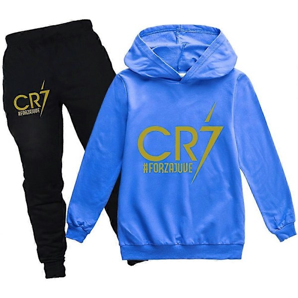 Pieces Cristiano Ronaldo Hoodie VM Nummer 7 Gave Fodboldstjerne Hoodie og Blå Bukser Sæt Piger Drenge Hættetrøje Trøje Børn - Perfekt Blue 7-8years