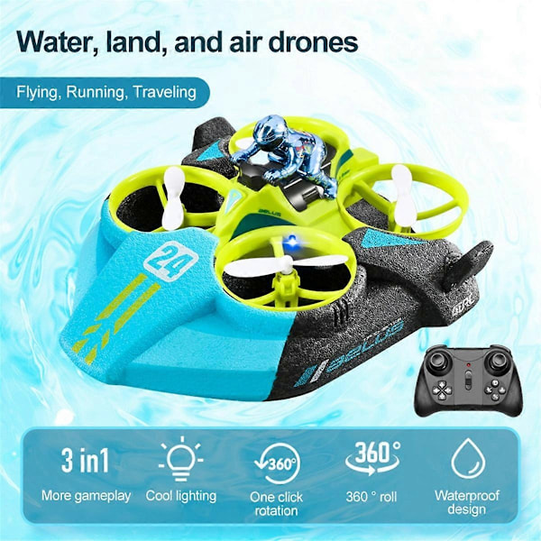 Mini RC Drone Headless Mode 3 i 1 Sjø Land Luft Flygning 2.4G Fjernkontroll Quadcopter Båt RC Helikopter leker Blå-Perfet