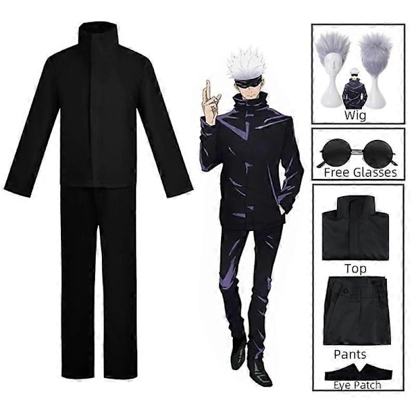 Anime Jujutsu Kaisen Gojo Satoru Cosplay Kostume Øjenlap, Paryk, Briller, Dragt Halloween Kostumer til Mænd - Perfekt Costume and wig B M