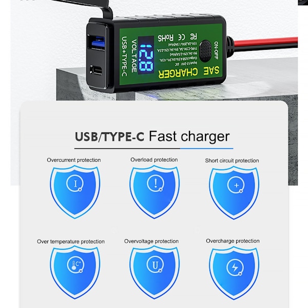 12V 24V moottoripyörä QC3.0 PD Type C -laturi SAE- USB sovittimella volttimittarilla ja ON/OFF-kytkimellä älypuhelimen tabletille GPS - Perfet