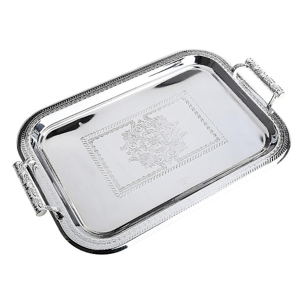 Nordisk Serveringsbrett i Rustfritt Stål med Håndtak Elegant Rektangulært Kaffebar Mat Holder Dessert Display Plate Dekor-Perfekt Silver S