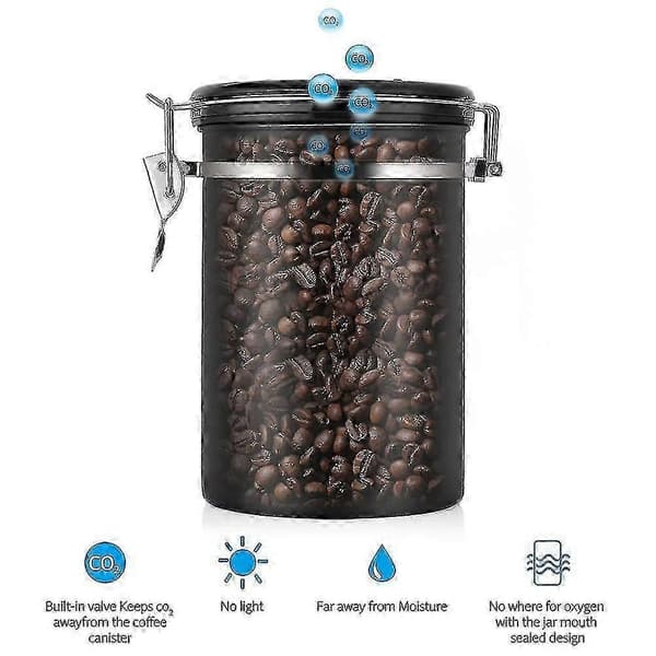 Kaffedåse Stor Lufttæt Rustfrit Stål Sort Køkkenopbevaringsbeholder - Perfekt Black