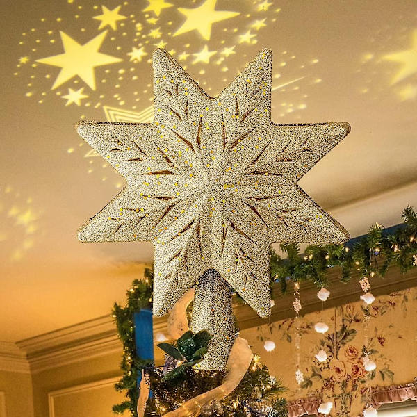 Christmas Star Tree Topper, Illuminated Star Tree Topper Guld juletræsstjerne med projektorlys - Perfet