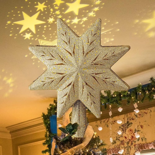 Christmas Star Tree Topper, Illuminated Star Tree Topper Gull juletrestjerne med projektorlys - Perfet