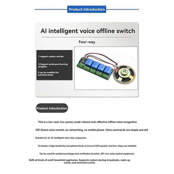AI Intelligent Stemmegenkendelsesmodul 4CH Offline Stemmestyring Switch Modul Understøtter Brugerdefineret Stemme-Perfekt