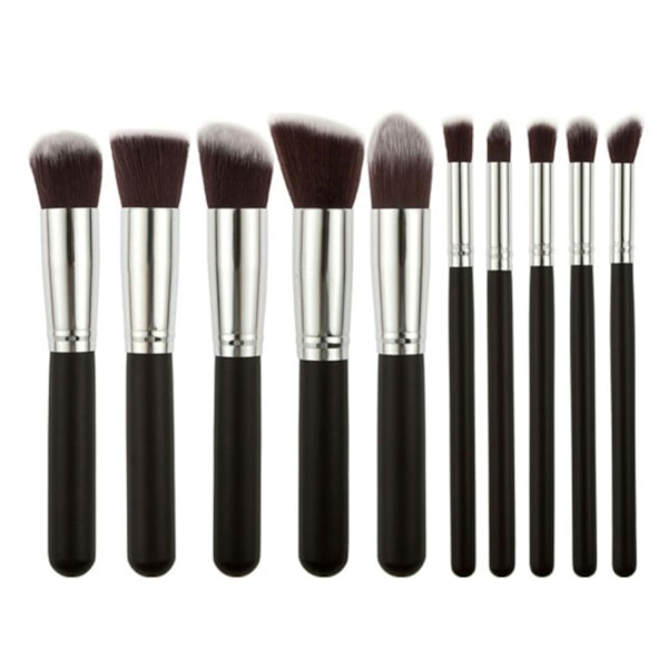 10 stk. Makeup Brush Set - Lintfri, Tætte Børstehår, Blød Pudder, Foundation, Contour, Blush, Concealer - Perfekt Black & Silver