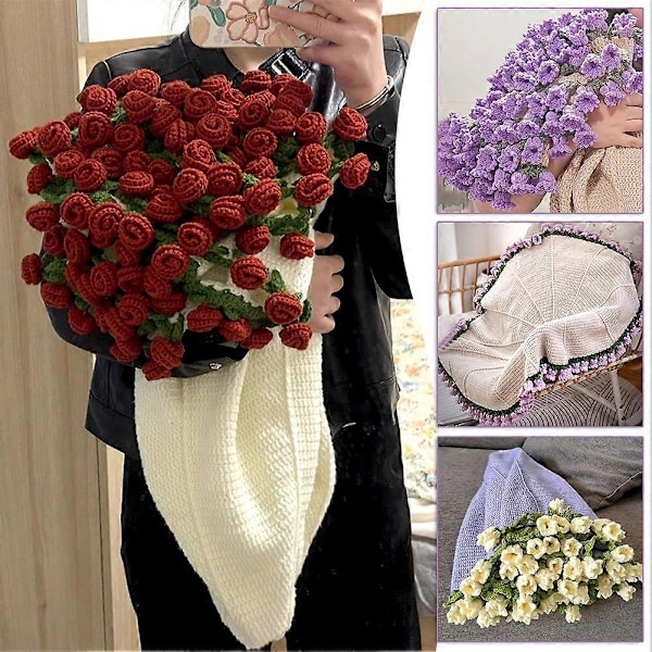 90 cm Virkade Blommor Filt Oavslutad DIY Stickad Filt för Kvinnor Mors Dag Bukett Födelsedagspresent - Perfekt Rose