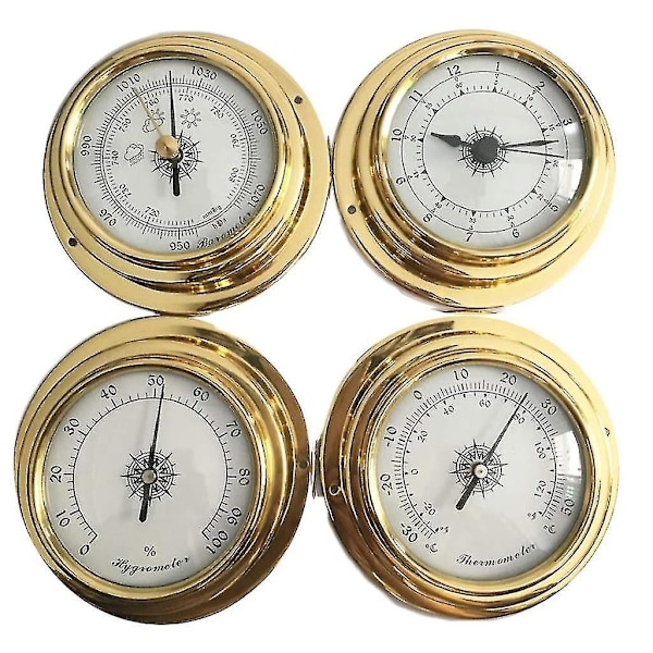 4 st Båt Barometer Klocka Termometer Hygrometer Väderstation Set Väggmontering Typ Mässing för Skal Lättvikt Hygrometer med Sond-Perfekt
