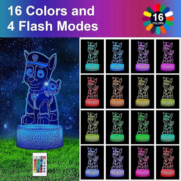 PAW Chase Rubble Zuma Natlampe til Børn, 3D Led Bord Sengelampe Anime, Touch Lampe med 16 Farveskift og Fjernbetjening - Perfekt