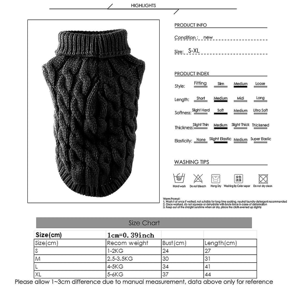 Pet Dog Turtleneck Neulepusero Talvilämmitin Paksuttava villapaita Neulottu Virkattu takkivaatteita Pienelle Keskisuurelle Koiran Pennulle - Perfet Black XL