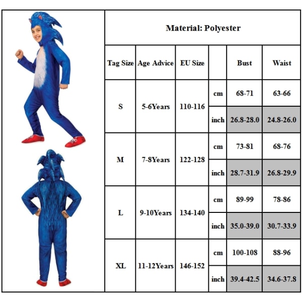 Sonic The Hedgehog Cosplay Kostyme Klær for Barn, Gutter, Jenter - Jumpsuit + Maske + Hansker 10-14 År = EU 140-164 - Perfekt Jumpsuit+huva+handske 6-10 år = EU 116-140