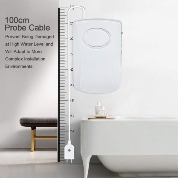 130dB vattenläckagelarm, 95cm lång kabel med sensor, hemsäkerhet