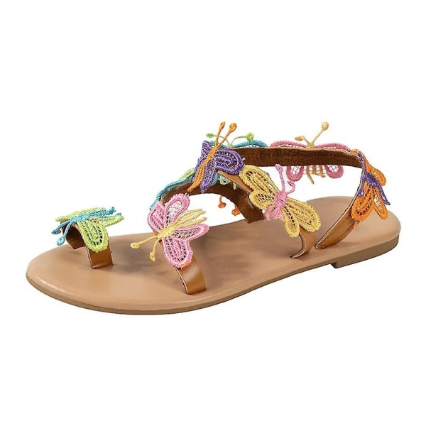 Kvinders Flats Sandaler Sommer Gladiator Bohemian Butterfly Beach Sko Komfortable Åben Tå Ankel Slip On Sandal - Perfet 36