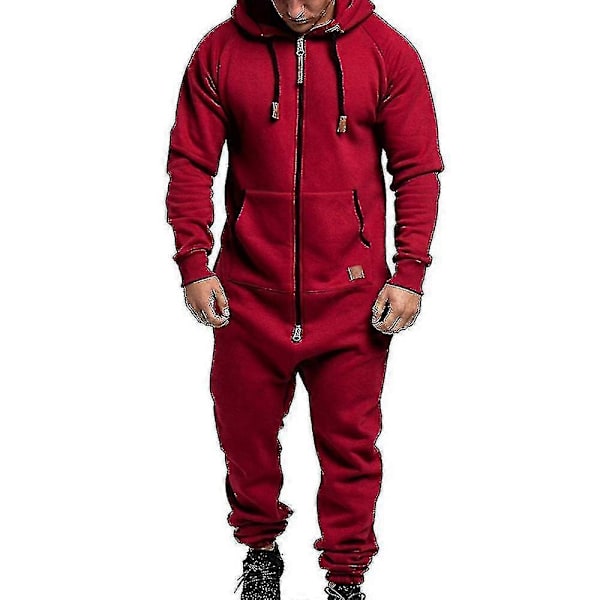Männs En-delad Huvtröja med Blixtlås Jumpsuit Vinter Casual Huvad Bodysuit Jumpsuit - Perfekt Wine Red M