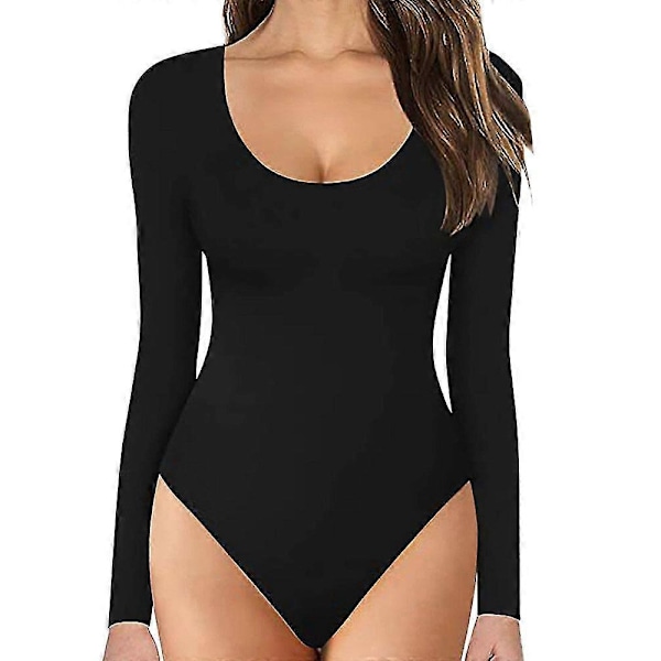 Langarmet body med rund hals, dobbelt foret for myk komfort, basic topp - perfekt Black L