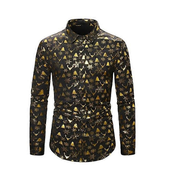 Mænds Business Casual Langærmet Skjorte Skinnende Guld Træ Elg Print Juletrøje-Perfet black47 XXL