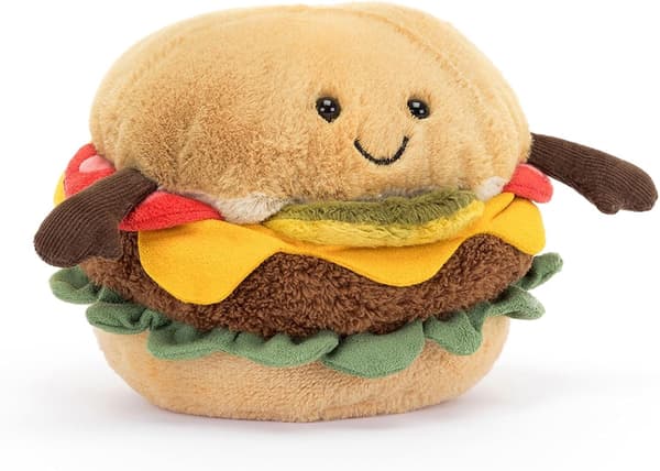 Jellycat Amuseables - Plyschleksak, 25 cm, Fylld matleksak, Rolig present - Perfekt Hamburger 15cm