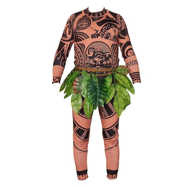 Halloween Moana Maui Cosplay Costume Tattoo T-shirt + Pants + Leaf Belt Set Carnival Party Adult Mens Fancy Dress Up Outfit-Perfet XL