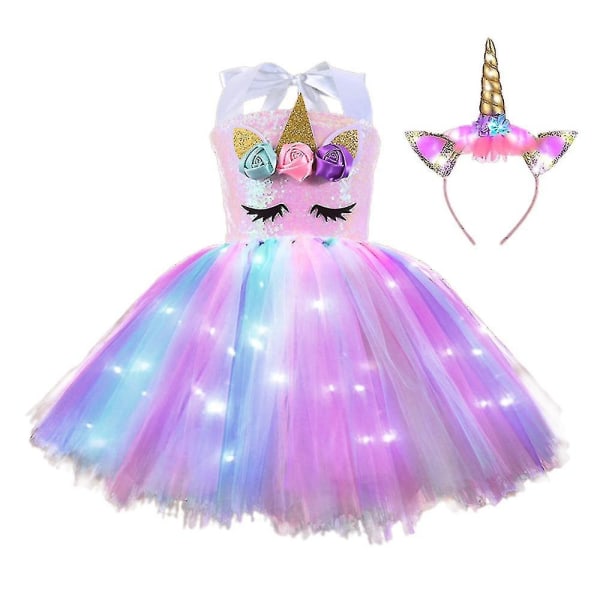 Barn Jenter Unicorn Costume Led Light Up Tutu Dress + Pannebånd Antrekk Sett Cosplay Carnival Bursdagsfest A- Perfet A 6-8 Years