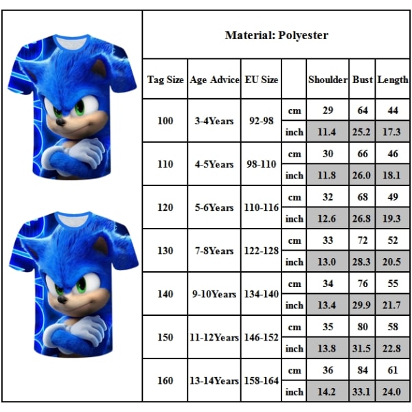 Sonic The Hedgehog Kids Boys 3D T-paita Casual Fashion Top - Perfet bule 140