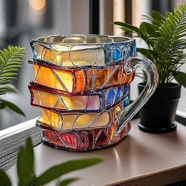 Malet Bog Krus, Håndlavet Farvet Glas Bog Kaffe Krus, Sjovt Unikt Farverigt Akryl Bøger Stak Formet Kaffekop Gaver til Bogelskere - Perfekt A