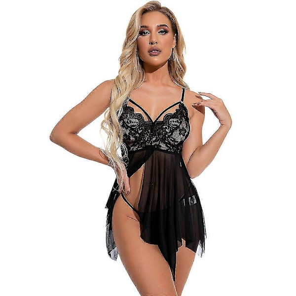 Kvinder Sexet Gennemsigtig Blonde Babydoll Lingeri Natkjole med Stropper og G-streng Undertøjssæt - Perfekt Black M