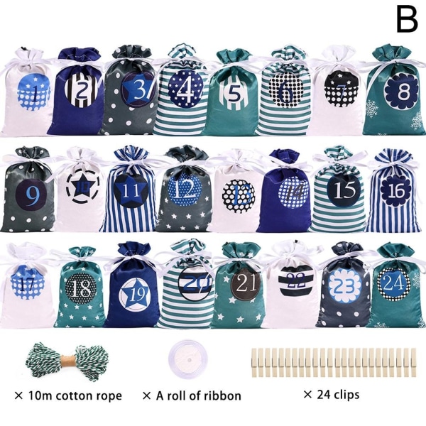 24 STK Jule-adventskalender Gaveposer Snørepose Fest D red 24pcs