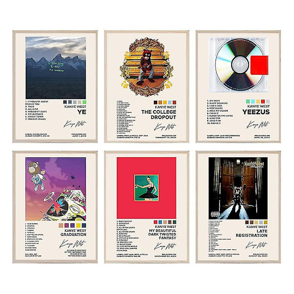 6 kpl/setti Kanye West -albumikansien julisteita, räppärimusiikkia, seinätaidetta, huoneen estetiikkaa, kodin sisustusta, lahjoja, kehystämätön -Perfet