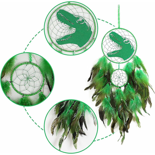 Dinosaur Dream Catchers for Boys Girls, Dream Catcher Light Wall Decor Feather Wall Hanging Dino Dream Catcher Kids Gift-Perfet Green With light