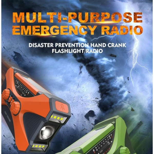 10000ma nödradio, multifunktions handvevgenerator, solcellsficklampa, bärbar AM/FM/NOAA väderradio - Perfekt Orange