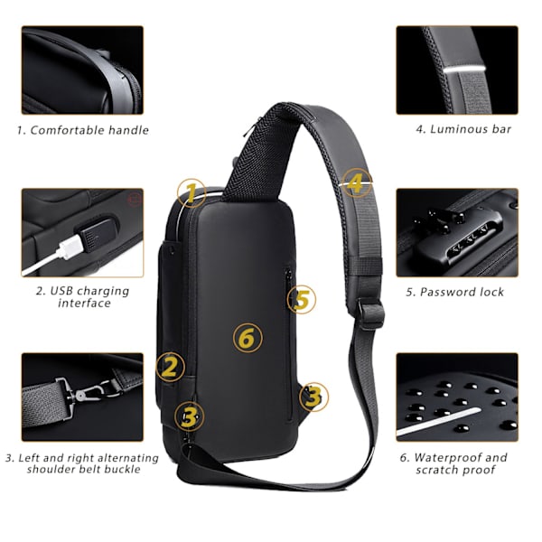 USB latausportti Miesten laukku Varkaudenesto Rintalaukku Business Laukku Reppu lukko miehille Ruskea brown